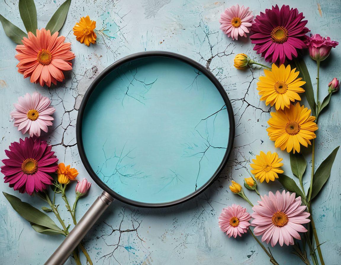 A captivating scene featuring a beautifully cracked surface, where vibrant flowers bloom from the fissures, symbolizing transformation and aesthetic beauty. Include tools like magnifying glasses and brushes scattered around, representing flaw detection in art. The background should suggest a blend of natural and artistic elements, evoking a sense of creativity and renewal. super-realistic. vibrant colors. soft pastel background.