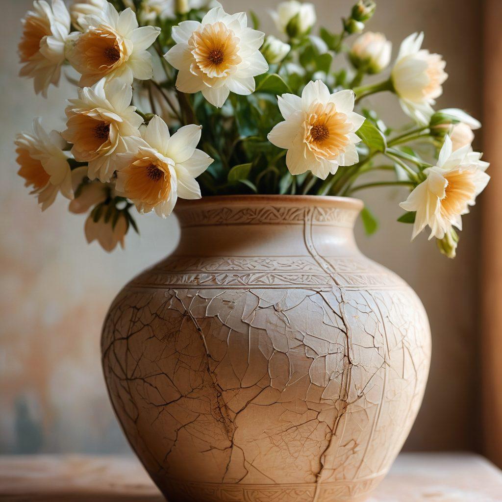 A close-up of a beautifully aged, cracked ceramic vase showcasing intricate details of wear and tear, surrounded by soft, ethereal light that highlights its imperfections. In the background, blurred delicate flowers that contrast with the vase's rugged texture, symbolizing beauty in flaws. The composition evokes warmth and elegance, illustrating the theme of structural beauty. super-realistic. soft focus. warm tones.
