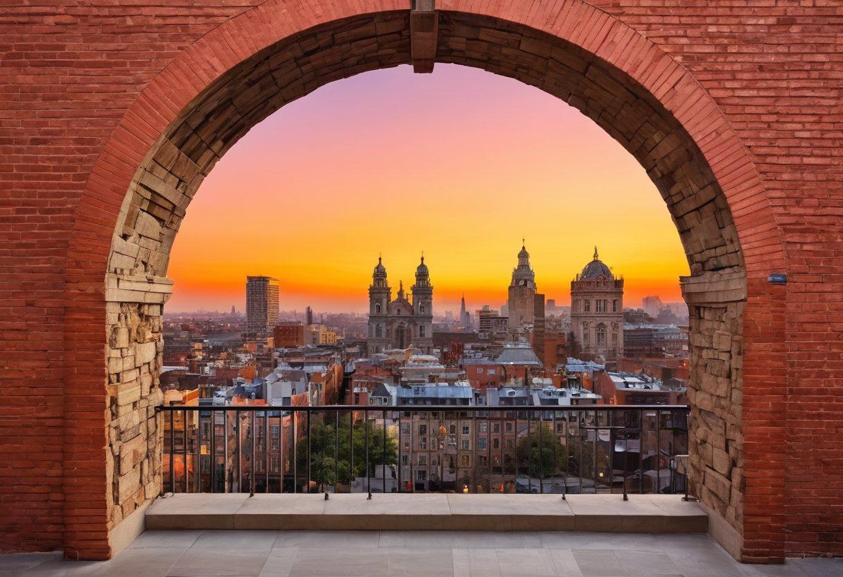 A mesmerizing collage of architectural masterpieces showcasing both stunning structural designs and intricate flaws. Highlight a cracked facade, a graceful archway, and a sturdy beam, all seamlessly blended to illustrate the beauty and complexity of structural integrity. A backdrop of a city skyline under a dramatic sunset enhances the theme of discovery. vibrant colors. super-realistic.